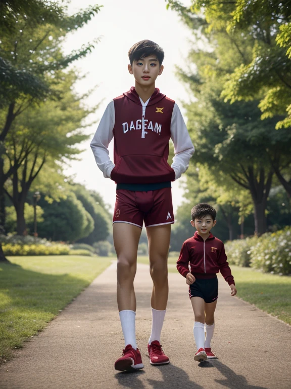 Handsome big brother 18 years old wearing small blue underwear Walking hand in hand with my little brother 10 years old in a cute . Walk together in the park Light sunlight in the morning.