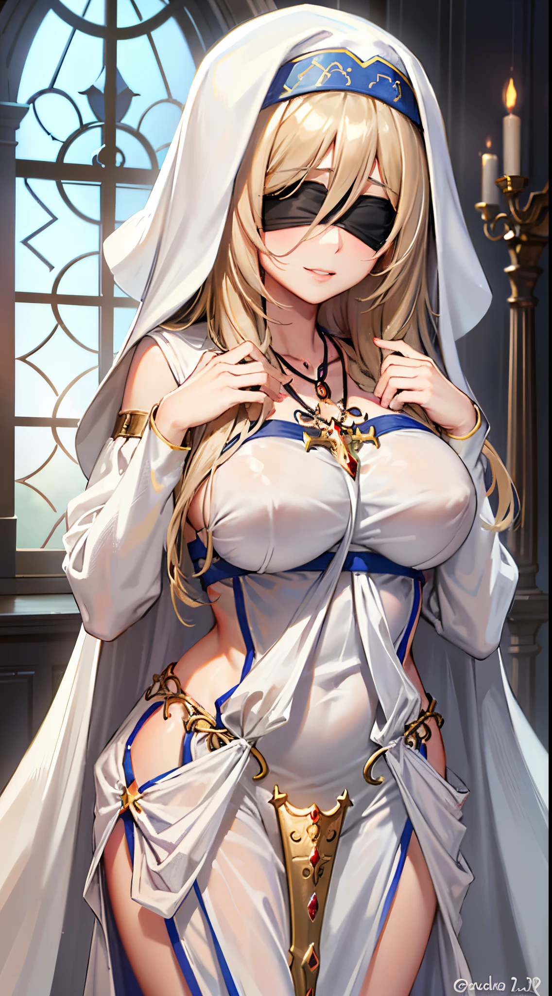 (masterpiece, best quality, glowing light, glistening, shiny skin, ultra detailed, detailed background, complex background),(perfect face, detailed face, detailed eyes,perfect hands,perfect fingers), (large boobs:1.2,smile),(mature female:1.4),cowboy shot,thicc,cleavage,
 sword_maiden,((gradient hair)), mascara, (fashion make up), parted lips, long hair, blindfold, dress, white dress, habit, jewelry, black blindfold, necklace, detached sleeves
((Guild, guild room, quest board, window, road view, medieval)),((super detailed background)), dynamic poses, ((8k wallpaper)),