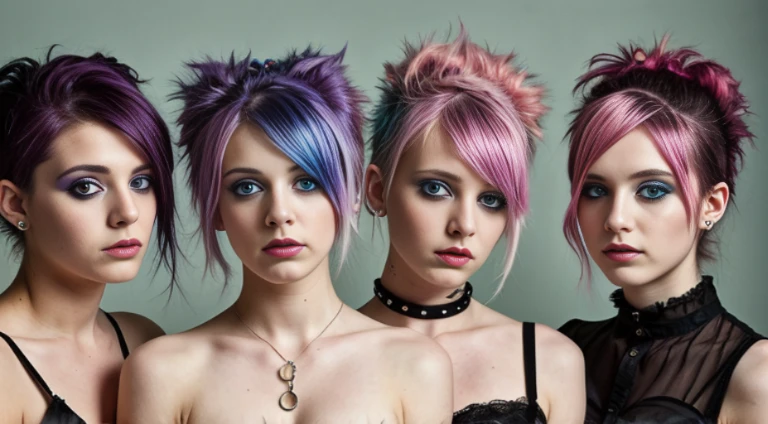 Four 22 year old girl punk BDSM models, dyed hair. Facing viewer, pastel theme, soothing tones, muted colours, high contrast, (natural skin texture, hyperrealism, soft light, sharp) glamour magazine