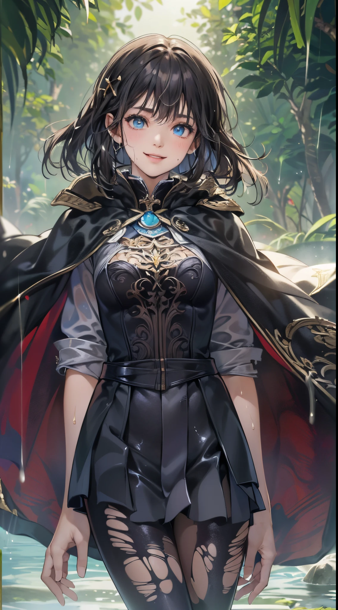 One lady,12year old,(() ,((())), (()), (())((I'm opening my mouth)),((micro skirt, bodysuit and short cloak))(A smile),Wet with sweat,(A dark-haired,),((Fantasy,natta))((Clothes are torn))