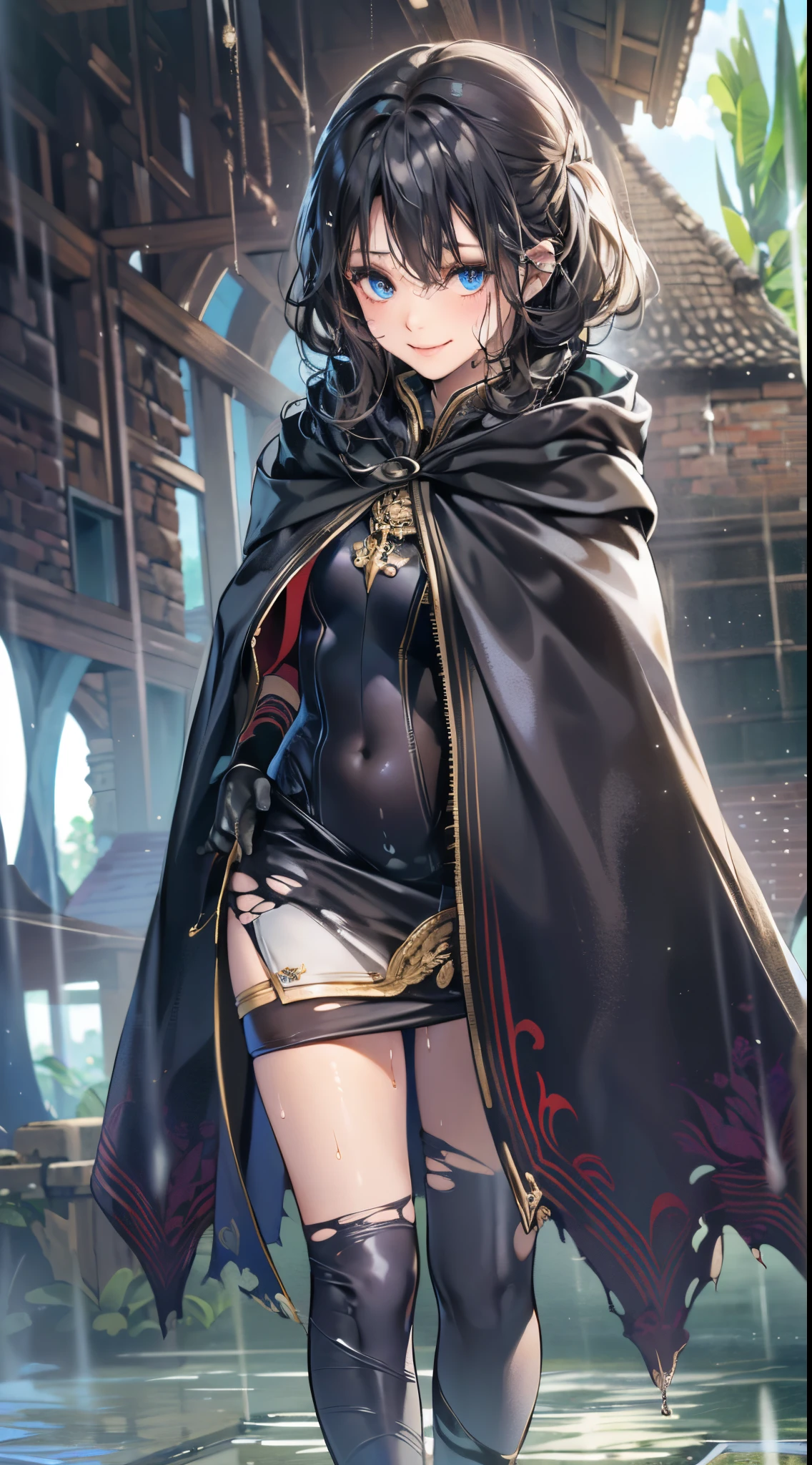 One lady,12year old,(() ,((())), (()), (())((I'm opening my mouth)),((micro skirt, bodysuit and short cloak))(A smile),Wet with sweat,(A dark-haired,),((Fantasy,natta))((Clothes are torn))