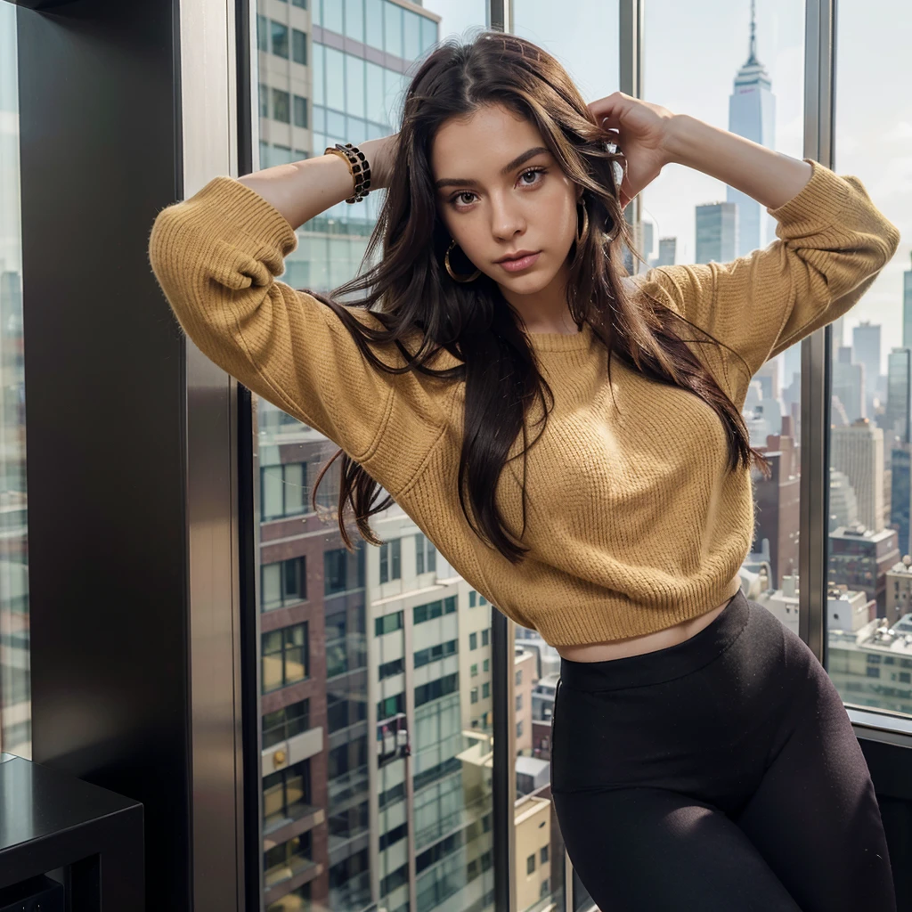 (one girl), Hanna, a 21 year old girl, 1.70 meters tall, weighs 49 kg, has very long and straight dark purple hair, has big green eyes, wears gold earrings and bracelets, always has a smartwatch on wrist, on top at a skyscraper in New York looking at the panorama of the city from above, wearing a red wool sweater and black leggings, (hands hidden), ultra realistic style, (seed 3978045937)