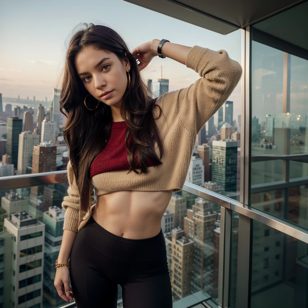 (one girl), Hanna, a 21 year old girl, 1.70 meters tall, weighs 49 kg, has very long and straight dark purple hair, has big green eyes, wears gold earrings and bracelets, always has a smartwatch on wrist, on top at a skyscraper in New York looking at the panorama of the city from above, wearing a red wool sweater and black leggings, (hands hidden), ultra realistic style, (seed 3978045937)
