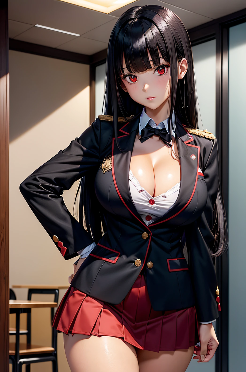((Best Quality)), ((masutepiece)), (Detailed), Perfect face a beauty girl cleavage of the breast red eyes long, thick black hair Blunt bangs red uniform blazer Black miniskirt To wear the standard clothes provided to female students at Private Hyakkao Academy