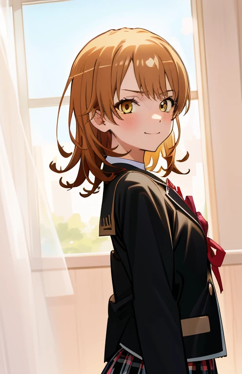 masutepiece, High quality, Best Quality, High resolution, 4K, High Definition, Beautiful lighting, Highly detailed face, well-drawn hands, well-drawn legs, well-drawn feet, (((well-drawn eyes))),1girl in, iroha, Brown hair, Short hair, Yellow eyes,  sobu highschool uniform, Black Blazer, PINK SHIRT, Red Ribbon, plaid skirts, Standing , a small face, smirking, From Side, Upper body only, The morning sun brightens everything,Looking at the viewer,camera sunlight, close up of face, face in photo　black pantyhose king