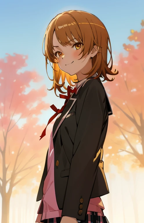 masutepiece, High quality, Best Quality, High resolution, 4K, High Definition, Beautiful lighting, Highly detailed face, well-drawn hands, well-drawn legs, well-drawn feet, (((well-drawn eyes))),1girl in, iroha, Brown hair, Short hair, Yellow eyes,  sobu highschool uniform, Black Blazer, PINK SHIRT, Red Ribbon, plaid skirts, Standing , a small face, smirking, From Side, Upper body only, The morning sun brightens everything,Looking at the viewer,camera sunlight, close up of face, face in photo　black pantyhose king