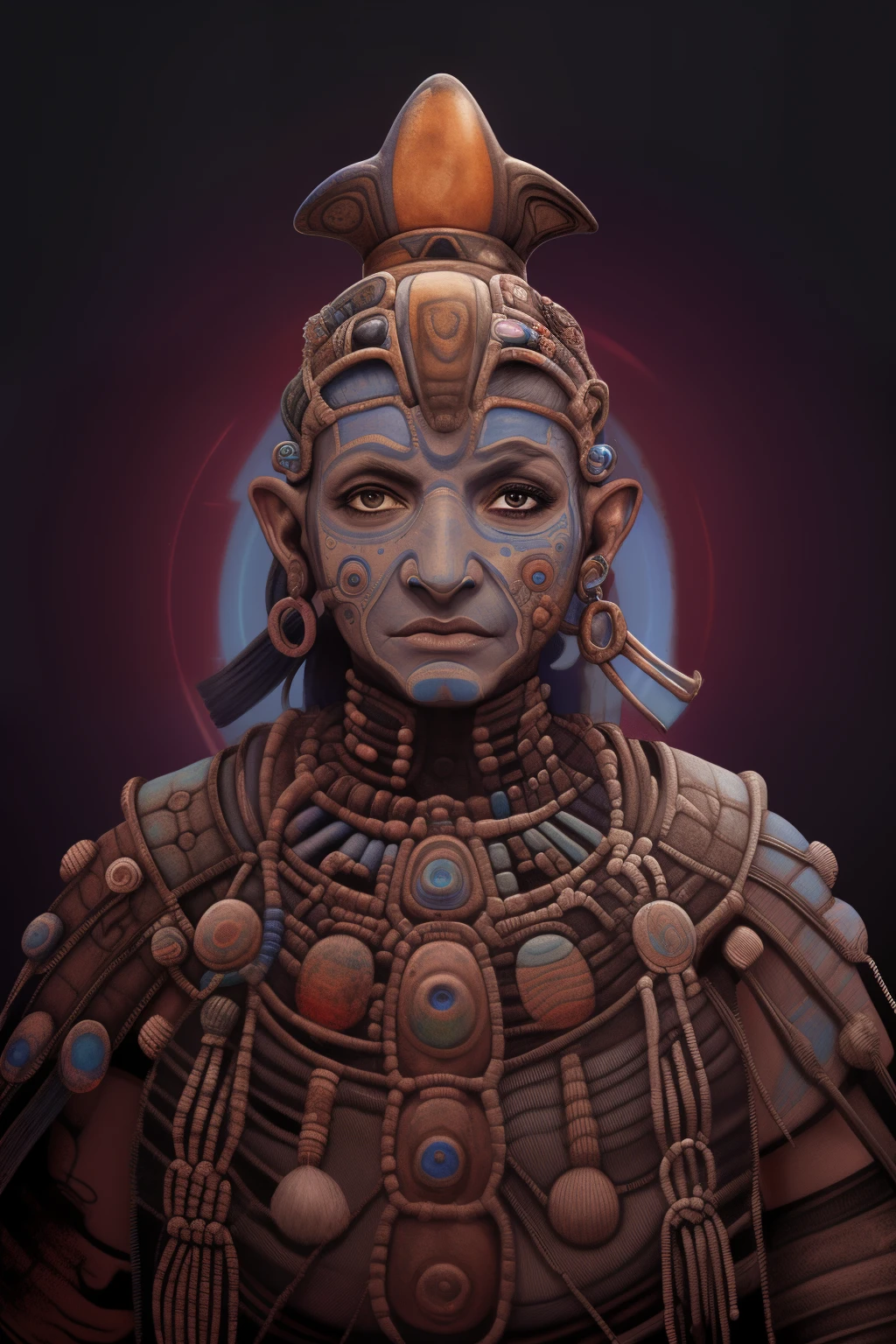 uma mulher com um rosto azul e cocar , sozinho, Olhando para o Viewer, cabelos pretos, 1st grade, jewelries, parte superior do corpo, Foco masculino, Brincos, colar, tatuagema, pele colorida, pena, coroa, gema, Banner, pele azul, Cocar, pintura facial, Tribal, Asteca , mesoamericano