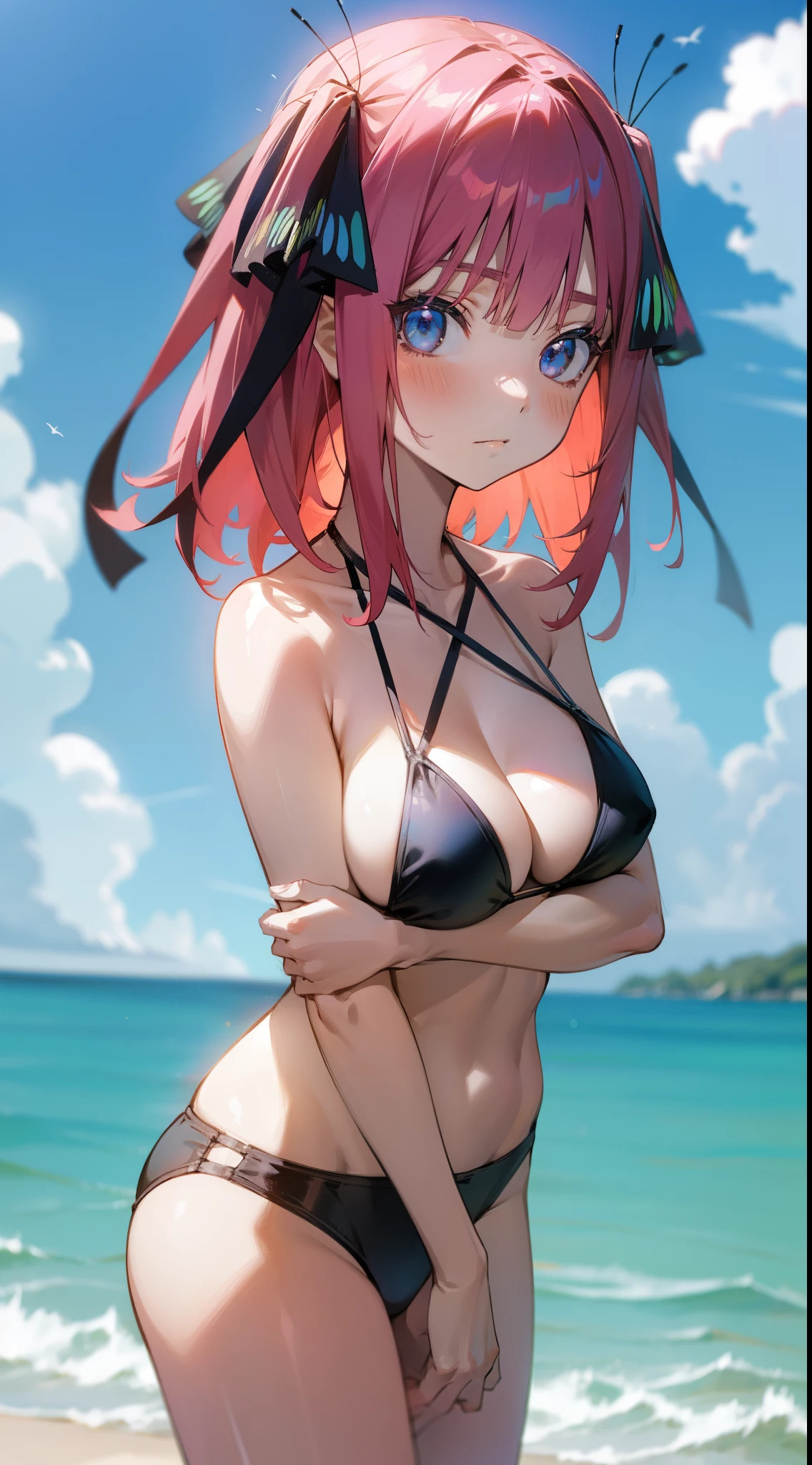 anime girl, looks at the viewer, sea, pink hair, two black and blue butterfly bows, bikini, beach, hot, big breasts