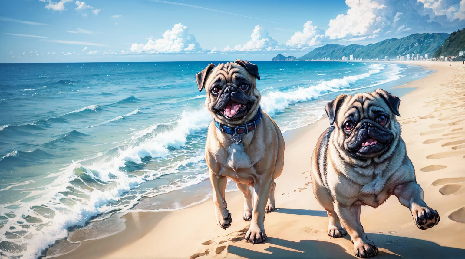(top quality picture,masterpiece level,high-level image quality),Super cute pug(Pug dog with good face and body,beautiful hair quality)、Pug running on the beach、Dynamism、sea side、shores、blue sky、