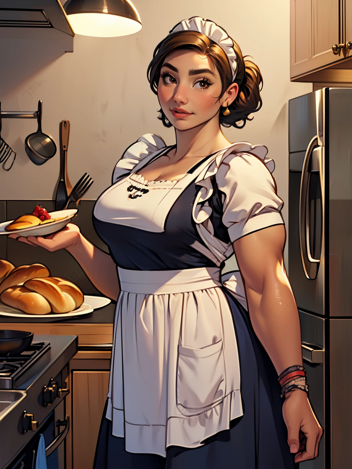 (((Luisa Madrigal from Disney's Enchanto))), perfect hands, smooth face, ((wide shoulder)), perfect skin, curvy body, toned skin, (((wearing a maid uniform))), in a kitchen, dress, holding a plate of bread,