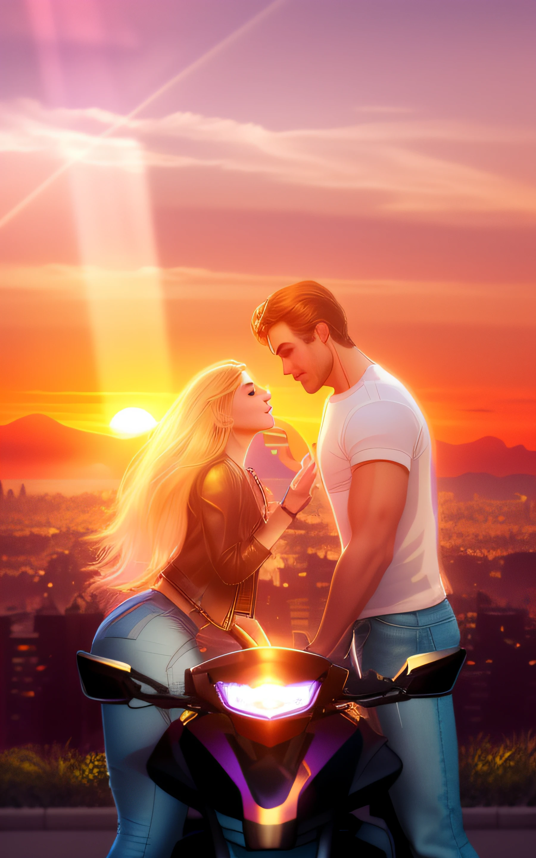 man and woman sitting on a motorcycle, blonde woman, brunette with strong arms, woman in a leather jacket and leather pants, man in a white T-shirt and jeans, A man touches a woman's face, Correct anatomy, five fingers, Graceful hands, beautiful female profile with regular facial features and plump lips, handsome man profile, couple silhouette, illuminated by the rays of the setting sun, against the backdrop of the city with lights, evening Manhattan, The sun sets below the horizon, there are small fluffy clouds, Romantic atmosphere, illustration in pink and purple colors, A highly detailed illustration drawing, in style of digital illustration