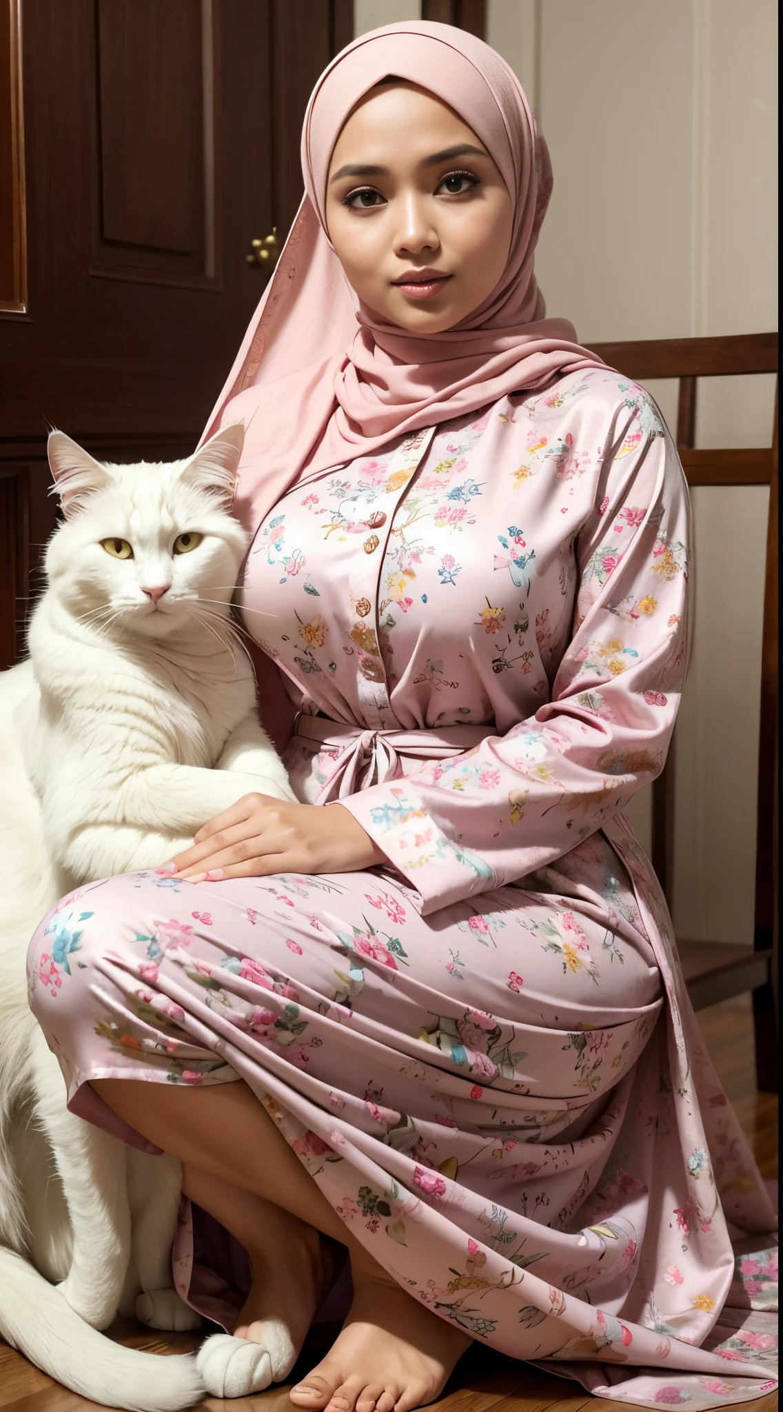 RAW, Best quality, high resolution, Masterpiece: 1.3), Beautiful Malay woman in hijab, Masterpiece, sitting, Perfect slim body, Beautiful big eyes, Watery eyes, Soft smile, Wet lips, Big breasts, Malay woman with her beloved pet cat very large, long-haired white Angora cat and very large size, larger cat, woman wearing long pastel colored floral patterned clothes, wearing a hijab, very long hijap, perfect body, wide hips, thick thighs, showing the bond between them and sitting in an atmosphere comfortable home, bright lighting, happy, 8k, high quality, beam lighting