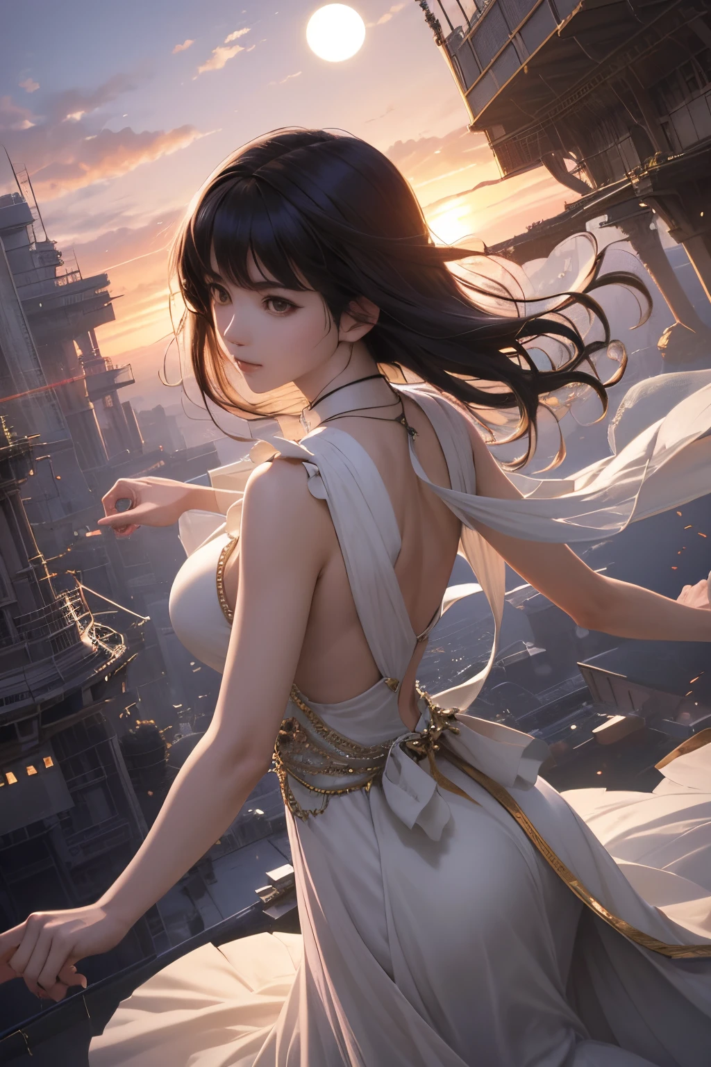 Kikuji Yamashita, Kazune Kawahara, Surreal, mysterious, bizarre, fantastical, fantasy, Sci-fi, Japanese anime, beautiful women in dresses dancing on giant piano keyboard, perfect voluminous body, symphony orchestra, spaceship at sunrise, detailed masterpiece