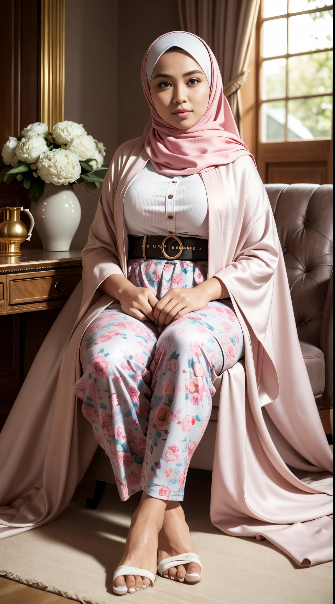 RAW, Best quality, high resolution, Masterpiece: 1.3), Beautiful Malay woman in hijab, Masterpiece, sitting, Perfect slim body, Beautiful big eyes, Watery eyes, Soft smile, Wet lips, Big breasts, Malay woman with her beloved pet cat very large, long-haired white Angora cat and very large size, larger cat, woman wearing long pastel colored floral patterned clothes, wearing a hijab, very long hijap, perfect body, wide hips, thick thighs, showing the bond between them and sitting in an atmosphere comfortable home, bright lighting, happy, 8k, high quality, beam lighting