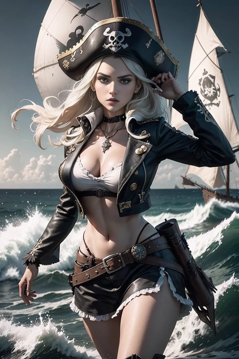 Menina pirata lindo em um navio pirata no mar, , cabelos curtos e cacheados loiros escuros, pele oleosa, Obra-prima sexy, best quality, extremely high quality, High definition, altamente detalhado, 8k, athletic and fit body, malcriado, perfect hands, detailed hands, olhos perfeitos, Olhos detalhados, Glamour, sexy, Realistic, HDR, UHD, Dynamic, peitos grandes, clivagem, detalhes intrincados, roupas piratas desleixadas, olhos azuis penetrantes, olhos azuis aqua brilhantes