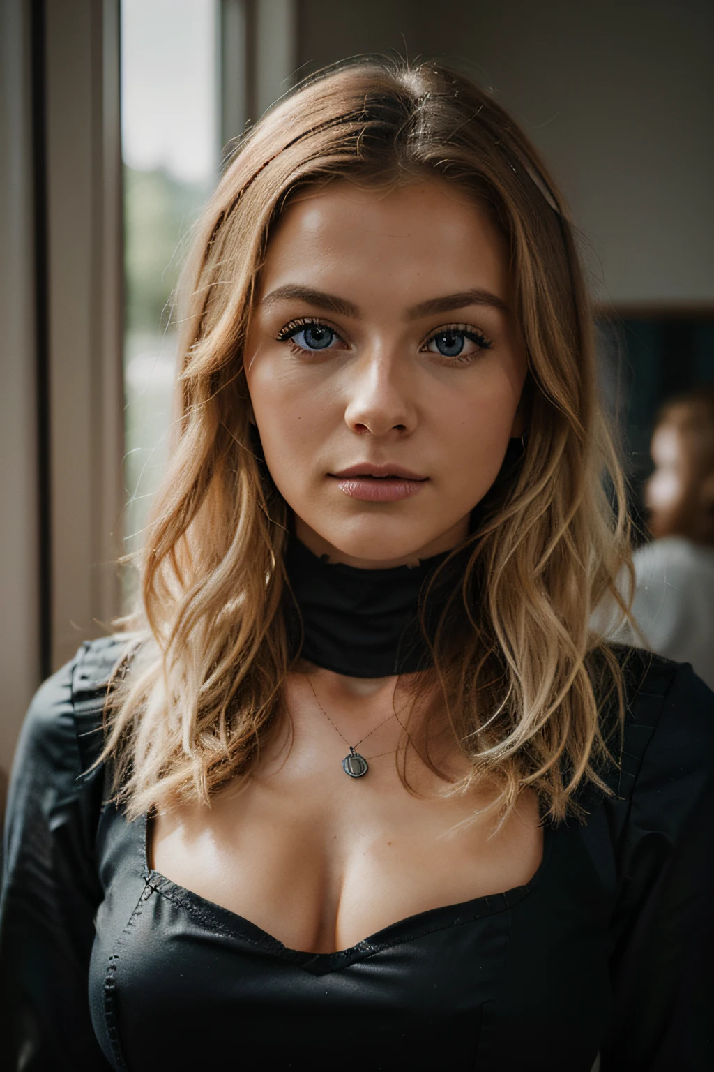 (best qulaity, Ultra-detailliert, Goldener Schnitt, Meisterwerk:1.2), Studio-Beleuchtung:0.7, Photorealistic portrait of a beautiful blonde woman with bright blue eyes, die ihren Kopf zur Seite dreht, to show off a statement earring to the camera. Die Frau sollte ein makelloses, detailliertes Gesicht (Hochdetaillierter Skin) mit einer weichen, leuchtenden Haut haben. Your hair should be naturally blonde and styled stylishly. Der Fokus des Bildes liegt auf ihrem Gesicht und dem Ohrring (Scharfer Fokus auf das Gesicht, Perfekte Augen:1.2). The scene should be subdued, warmen Farben gehalten sein, wobei die Frau unter einem Scheinwerfer steht, der ein weiches, casts natural light on them. The photograph should have high quality film grain (ISO 400, 30 mm Objektiv RAW f1.8 Blende, Highly detailed), um den Eindruck von analoger Fotografie (Analoge Fotografie:1) mit HDR-Farben zu erzeugen, was die Szene sowohl realistisch als auch stilvoll macht.