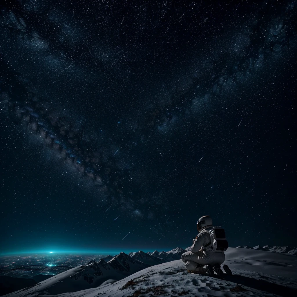 Astronaut sitting on his knees and looking into the distance。Starry sky。Alone。Bird View