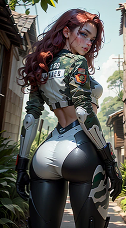 Rear view, vista traseira,1mulher 20 anos, Max Resolution, lines sharp, Esculpido,militar cinza, usando um capacete de soldado, Beautiful,( Corpo Perfeito:1.4), red hair, Corpo Perfeito, cintura fina, quadris largos, seios grandes, coxas finas, fundo da selva, Armored Vehicle, flying fighters, military robot dog, (uniforme camuflado cinza:1.4), calcinha apertada, head to toe, altamente detalhado, high resolution, perfect hands, Rear view, traseiro, camuflagem, virando-se para ver o espectador,,8K mais detalhado.Motor irreal:1.4,UHD,melhor qualidade:1.4, fotorrealista:1.4, textura da pele:1.4, obra prima:1.8,obra-prima, melhor qualidade,Objeto de objeto], (detailed face features:1.3),manos Detalhado,Ultra-detalhado,ojos detalhado, (Fundo da selva Folhas grandes:1.4),giant trees with moss,