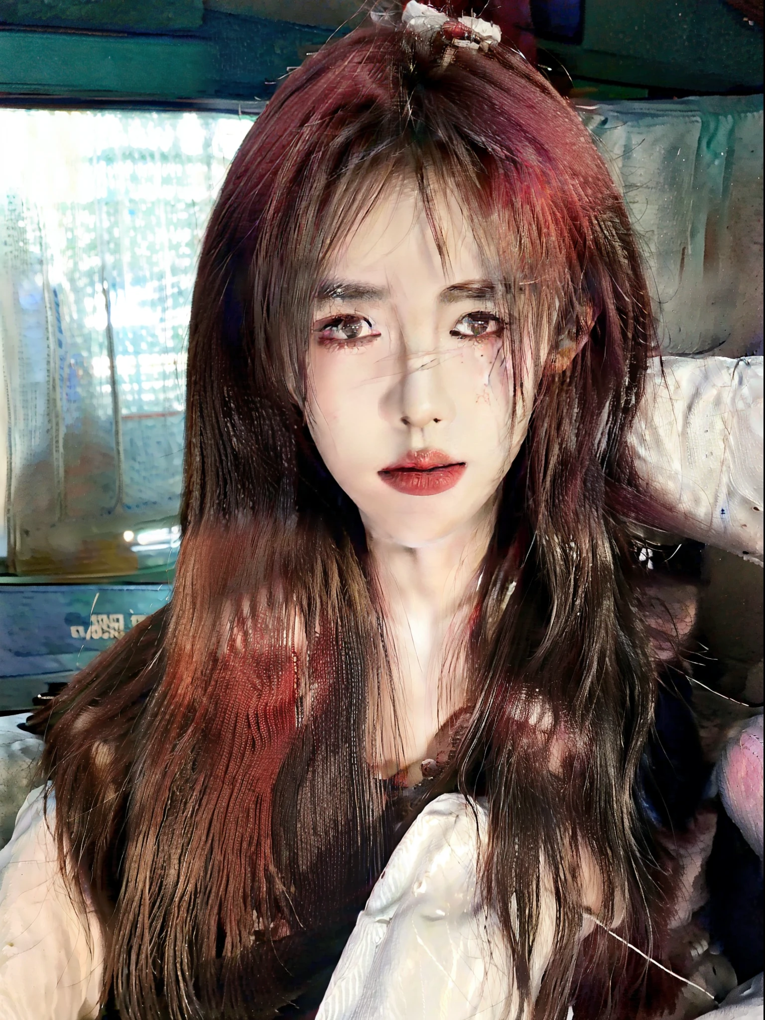 Close-up of a red-haired woman in the car, Urzans, Popular Korean makeup, beautiful Korean women, gorgeous young korean woman, Korean girls, blackpink jisoo portrait, Popular Korean makeup, Cute Korean face, Samu rice paste, beautiful young korean woman, Jisoo from BlackPink, beautiful aesthetic face, Young and cute Korean face