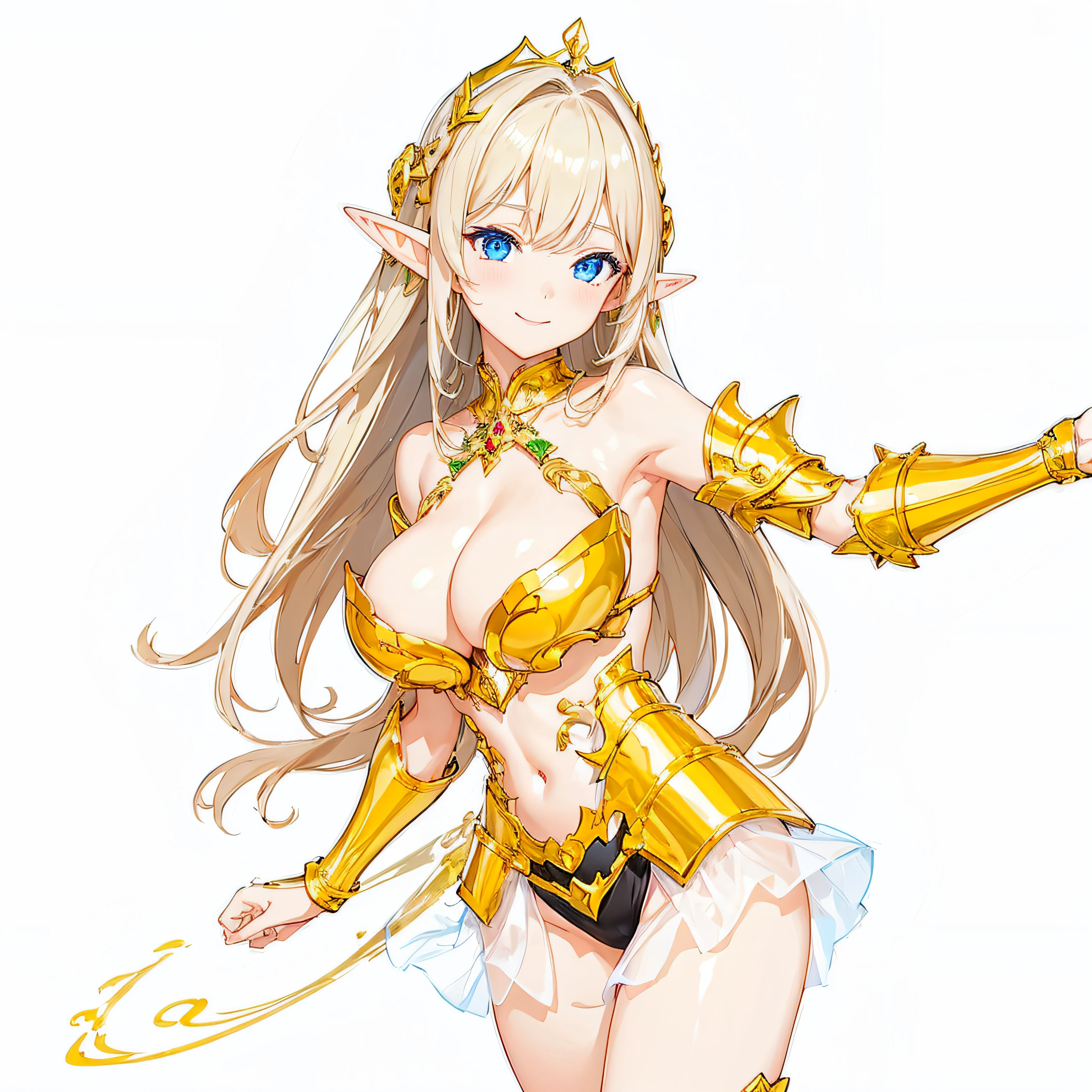 ​masterpiece、top-quality、ighly detailed、hight resolution、１６ｋ、fullnude、teats、Boob proportions、golden armour、Very thin skirt、Black pants、Full body like、Very white skin、Beautiful fingers、Anime girl with very big breasts posing naked、Perfect Style、elvish、no-bra、Blonde blue-eyed、A smile、An elf girl