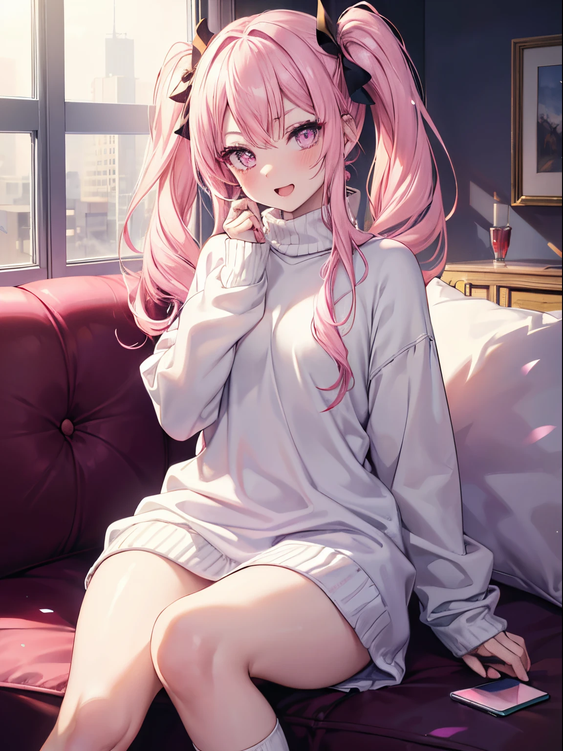 long pink shirt with a kitten drawn on it, with dragon horns, no pants, long pink hair,, little tits, lying on the sofa with a sexy pose, holding the cell phone, naked, showing pussy with open legs