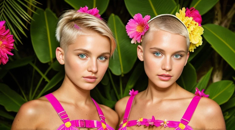 Two very pretty 21 year old girl buzz cut models, topless.  Floral outfit pink body harness, topless, body covers with neon flowers, wild rave outfit, bright frilly shorts.  Facing viewer, floral theme, soothing tones, vivid colours, high contrast, (natural skin texture, hyperrealism, soft light, sharp) glamour magazine