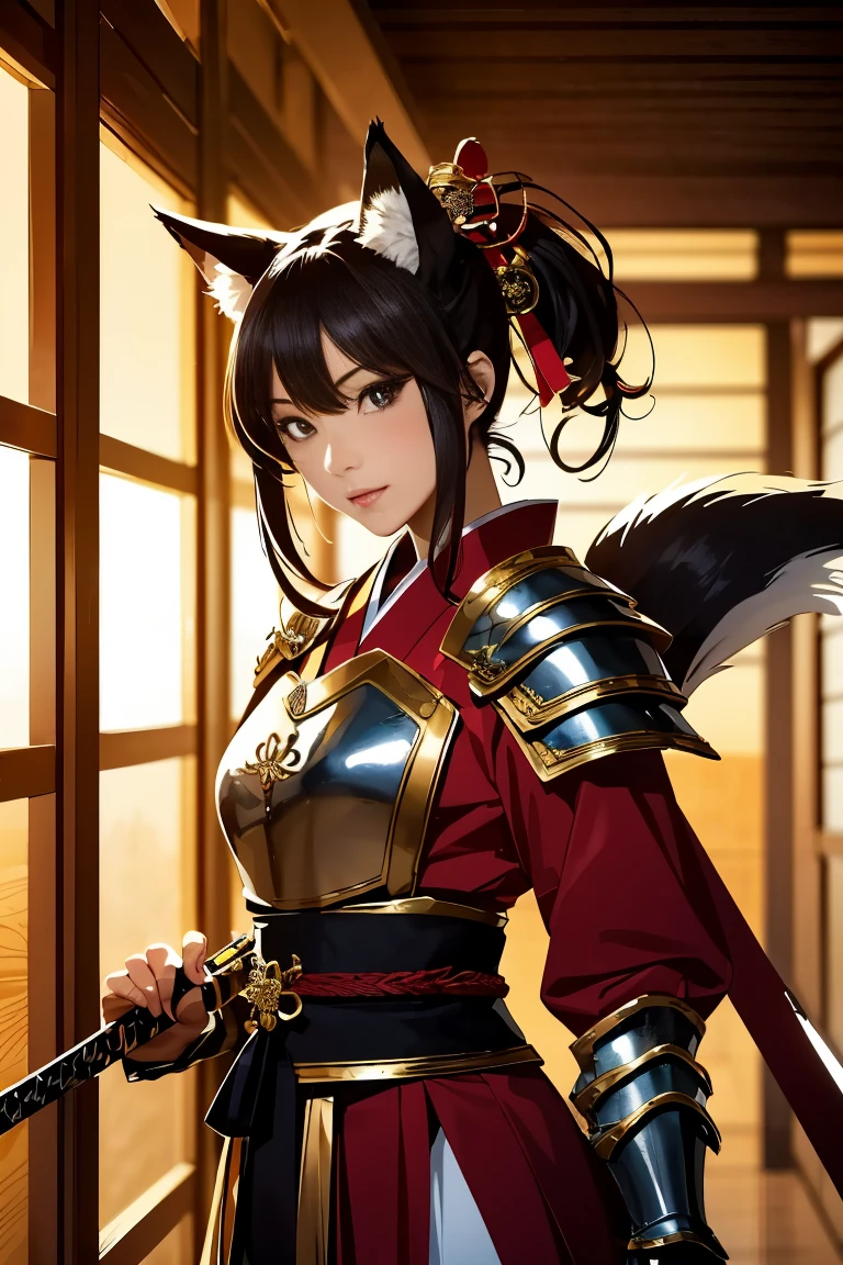 (((Looking away:1))), ((Look at another one:1)), fox incarnation、((Sexy Female Warrior))、Japan Yokai、Sexy fox female warrior with a Japanese sword、Fox ears、A figure holding a beautiful sword, ((sexy japan armor))