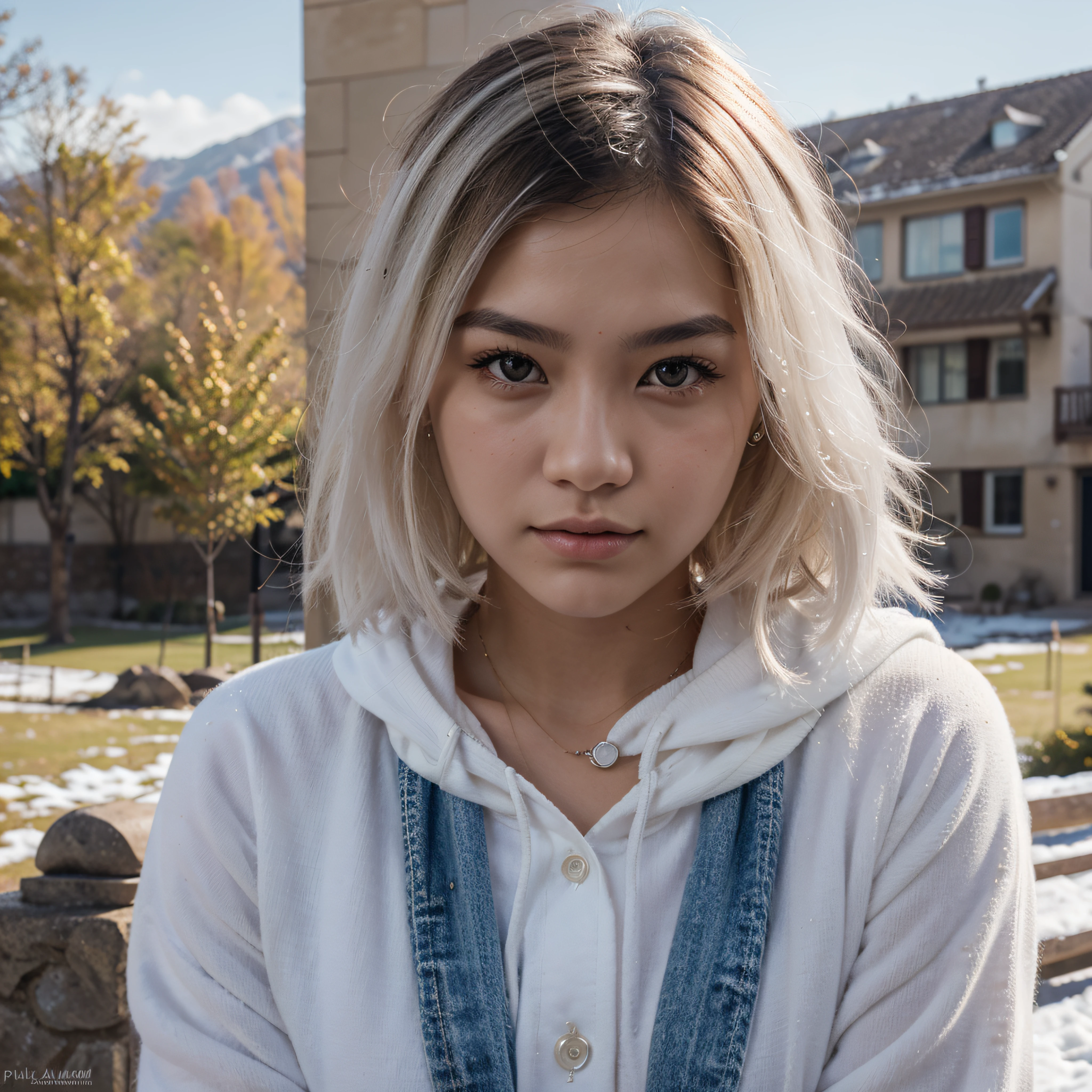 plano detalle, 20-year-old, Asian girl, asian factions, French Bob Style Hair, Dyed white hair, ojos marrones, Looking at the camera, Retrato fotorrealista, enorme detalle, piel blanca, Ropa de invierno, cara ultradetallada, estilo de imagen hiperrealista, on mountain, nieve, soleado, luz al aire libre por el sol, realistic illumination, fotografia profesional, 4k, UHD, Obra maestra, piel texturizada, Detalles altos, alta calidad, La mejor calidad, Altas Resoluciones