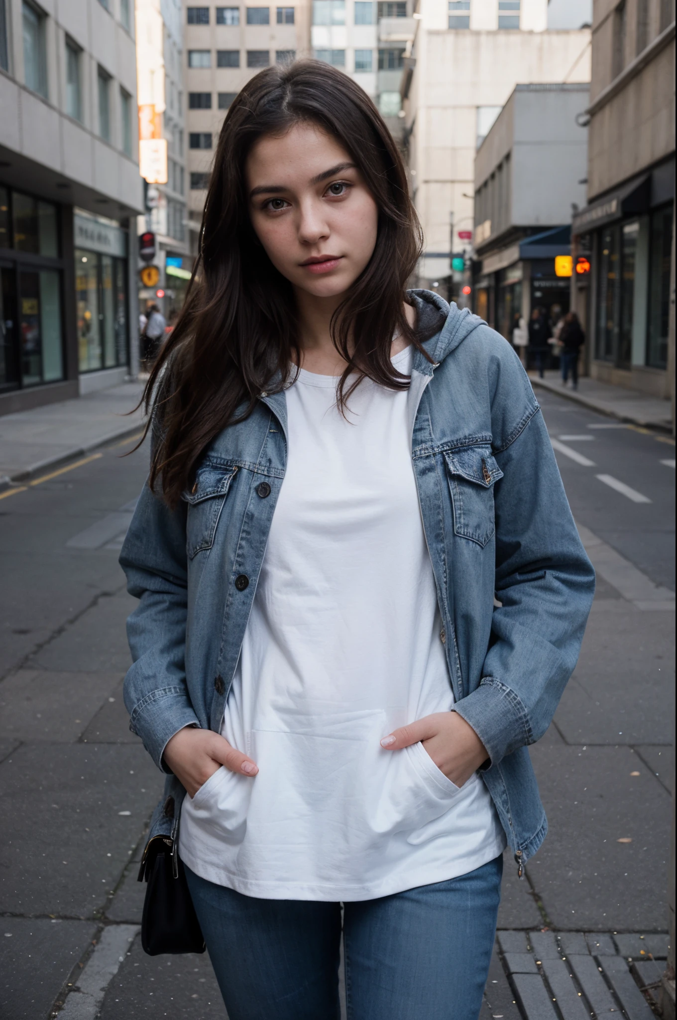 photography of a 20yo woman, perfect face, masterpiece, black_hoodie without logo, blue jeans, same face, no brand, seductive, fully_clothed, street_photography,