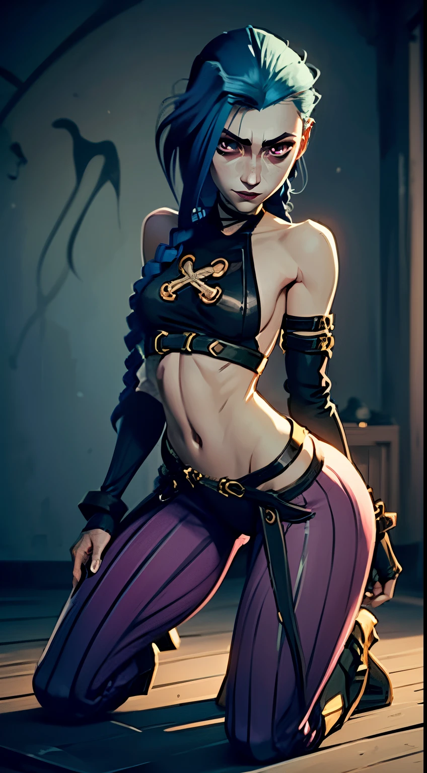 Jinx's character design, Dynamic movements, lying naked on her back, bare breast, covers the chest with his hands, Swollen , butt, kitty, sexypose, Beautiful figure, Arcane's Jinx, Bright blue and purple sparks all around, glowing eyes, Pink glowing eyes, hairlong, hairsh, braided into long braids, Pigtails hang below the knee, Hair color changes from bright blue to navy blue, Dressed in brown breeches, Leather boots on the feet, Top with four gold circles on the chest in the middle of the chest, Blue cloud tattoos on shoulders and waist, Long bangs, hanging on the right side, Belt with cartridges on the belt, Arcane style, extremely detailed CG unity 8k wallpaper, detailed light, Cinematic lighting, chromatic aberration, glittering, expressionless, epic composition, dark in the background, Cherecter Desing, Very detailed, Detailed body, Vibrants, Detailed Face, sharp-focus, anime art, Vibrants, Detailed Face, Hugh Details, sharp-focus, Very drooping face, A detailed eye, super fine illustration, better shadow, finely detail, Beautiful detailed glow, Beautiful detailed, Extremely detailed, expressionless, epic composition,