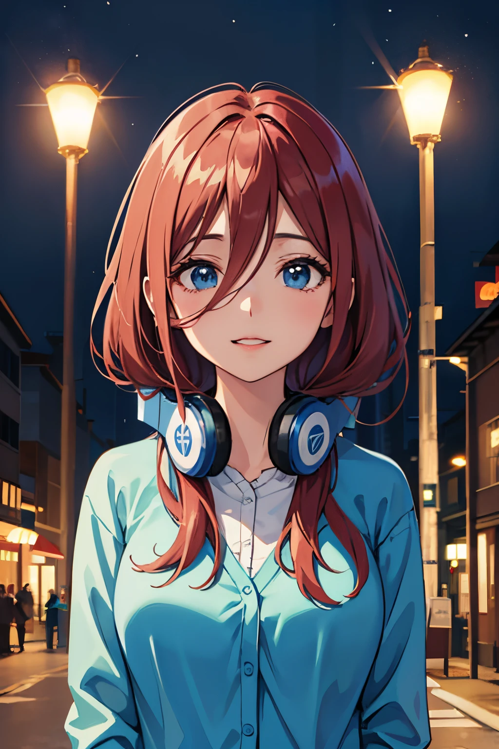 miku, headphones around neck, blue cardigan, sorriso leve, Melhor Anime 4K Konachan Wallpaper, Estilo anime 4K, Arte Oficial, arte anime de alta qualidade, 4k anime wallpapers ((obra-prima)),Cidade, Sala de estar, noite, chuva, street lighting