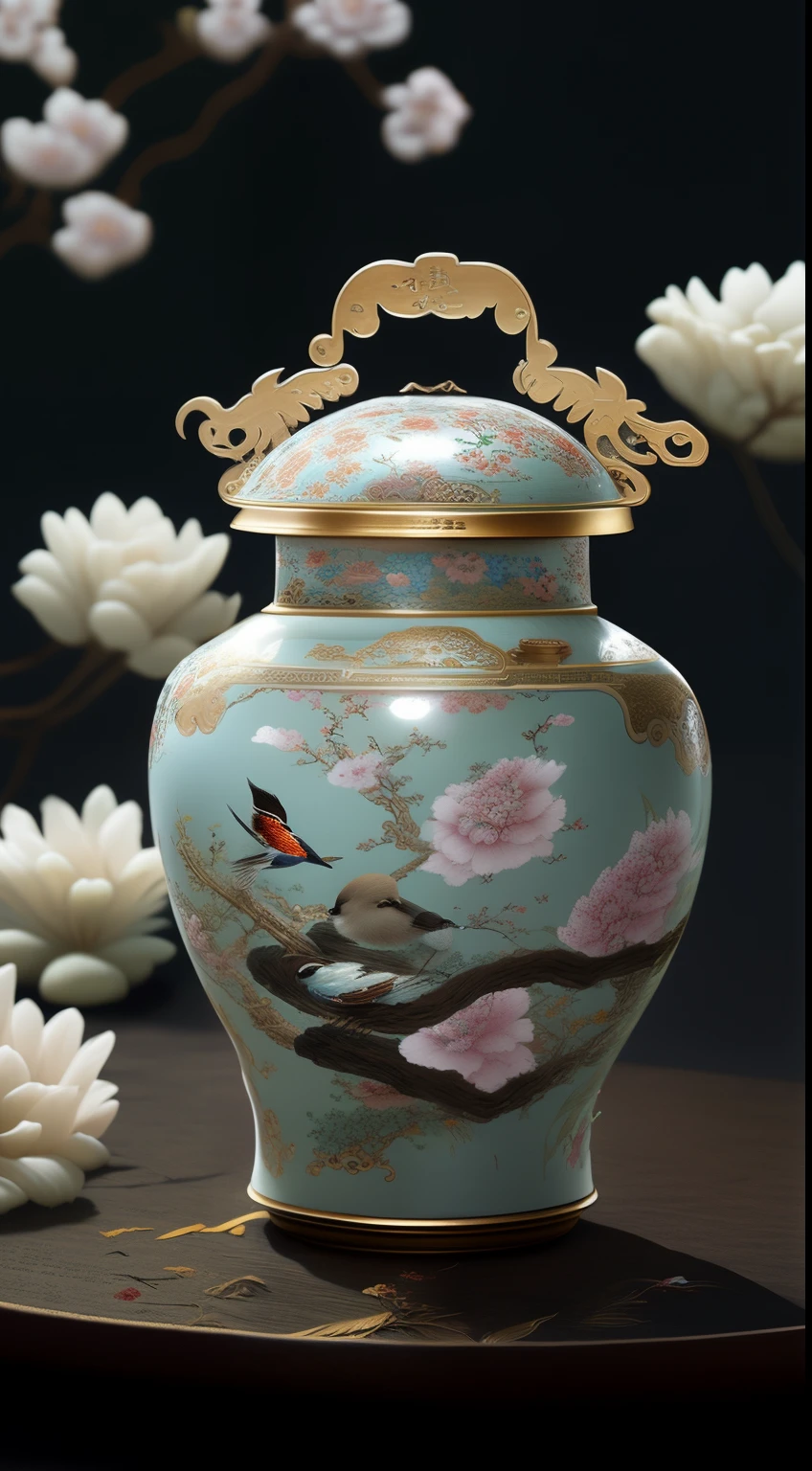 There is a glazed tea can on the table,There is a world of flowers and birds inside,Stunning and rich in detail,reflection mirror, by An Zhengwen, Inspired by Hu Jieqing, Inspired by Yun Shouping, Stunningly detailed, Chinese art, beautifully painted, Beautifully detailed, beautifuldetails, Inspired by Liu Jun, Inspired by the ancient village of Ohara, Inspired by Wen Zhenheng