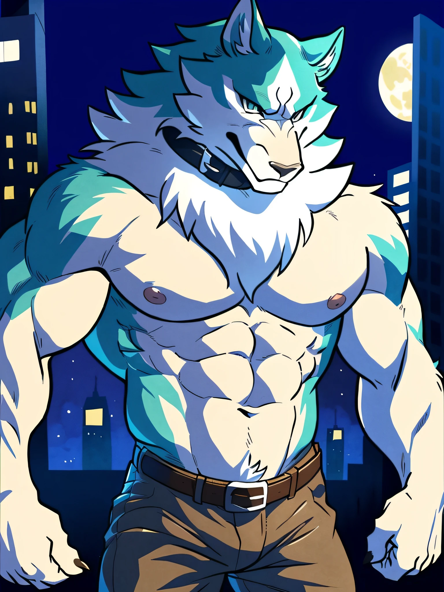 shirou_ogami, shirou_BNA, posing for the camera, 4k, high resolution, best quality, posted on e621, solo, anthro body, male, adult, masculine, (muscular, athletic build, pectorals:1.0), correct anatomy, (night city background), (by wfa:1.2), (by negger:1.0), (collar, belt, pants:1.1), (detailed eyes:1.2), (cel shaded:1.2), cartoony shading, (watercolors:1.1), strong shadows, confident, (half-body shot:1.2), (looking at viewer:1.1),