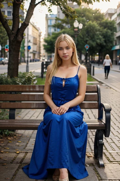 a European Russian woman, blue eyes, blonde hair, wearing a long dress, is sitting on a city bench.
