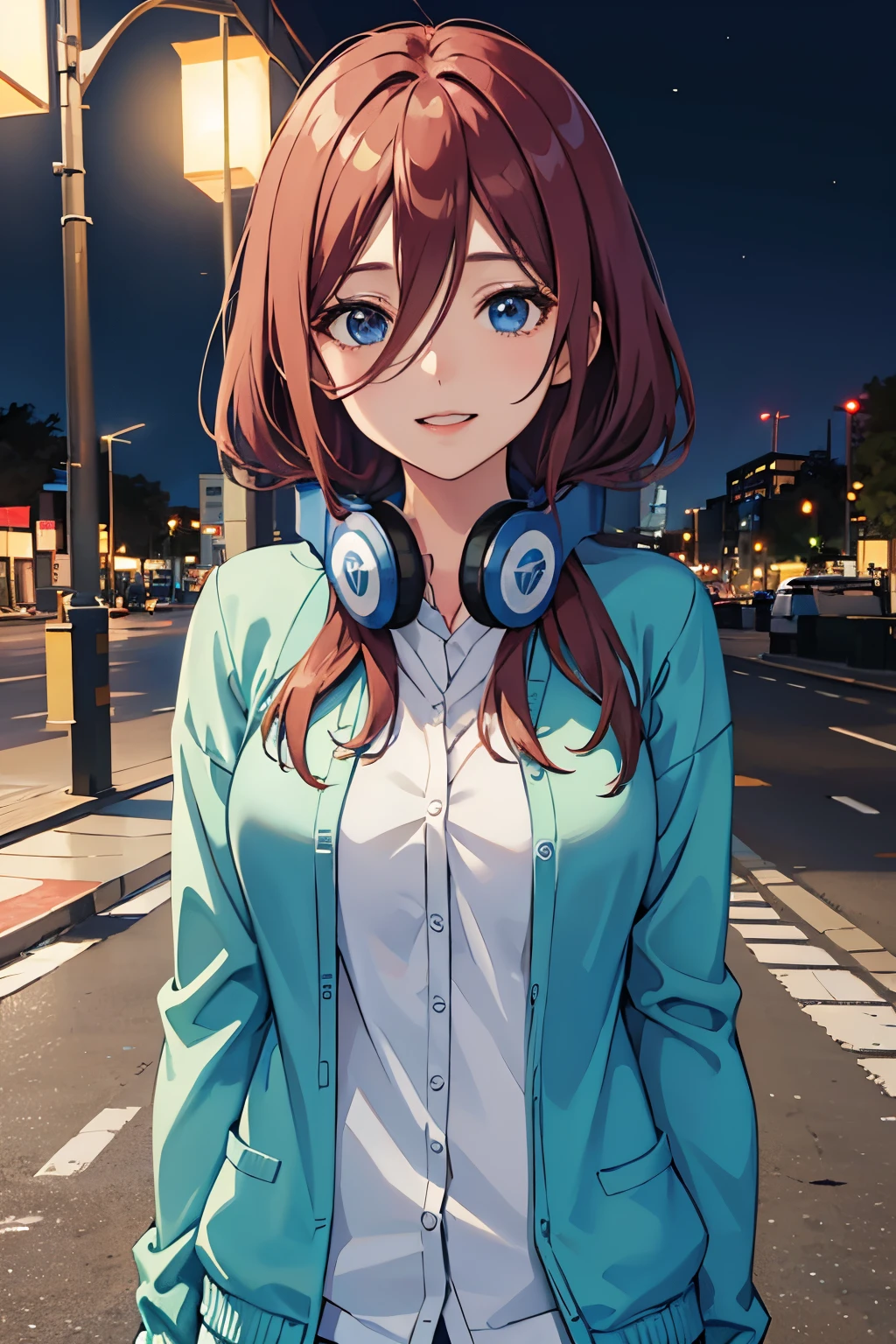 miku, headphones around neck, blue cardigan, sorriso leve, Melhor Anime 4K Konachan Wallpaper, Estilo anime 4K, Arte Oficial, arte anime de alta qualidade, 4k anime wallpapers ((obra-prima)),Cidade, Sala de estar, noite, chuva, street lighting