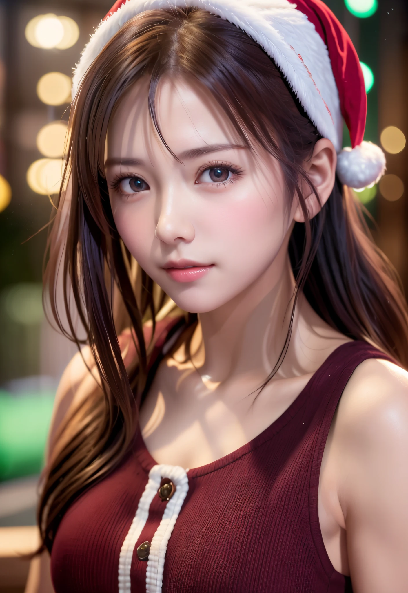 8K, of the highest quality, masutepiece:1.2), (Realistic, Photorealsitic:1.37), of the highest quality, masutepiece, Beautiful young woman, Pensive expression,、A charming、and an inviting look, cute santa clothes, Hair tied back, Cinematic background, Light skin tone