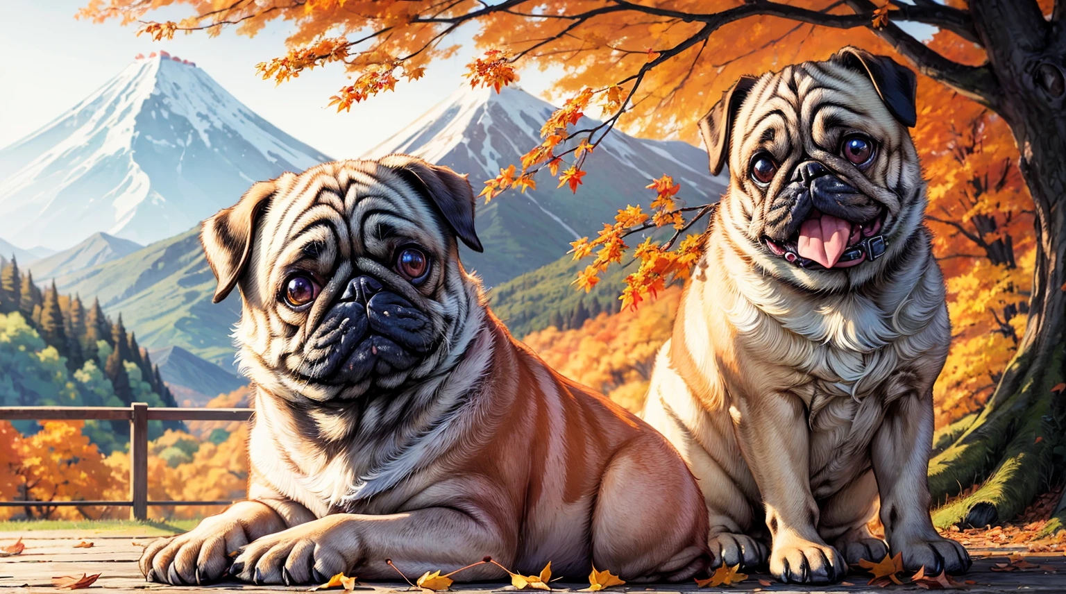 (top quality picture,masterpiece level,high-level image quality),Super cute pug(Pug dog with good face and body,beautiful hair quality)、Mt. Momiji,Colored leaves,