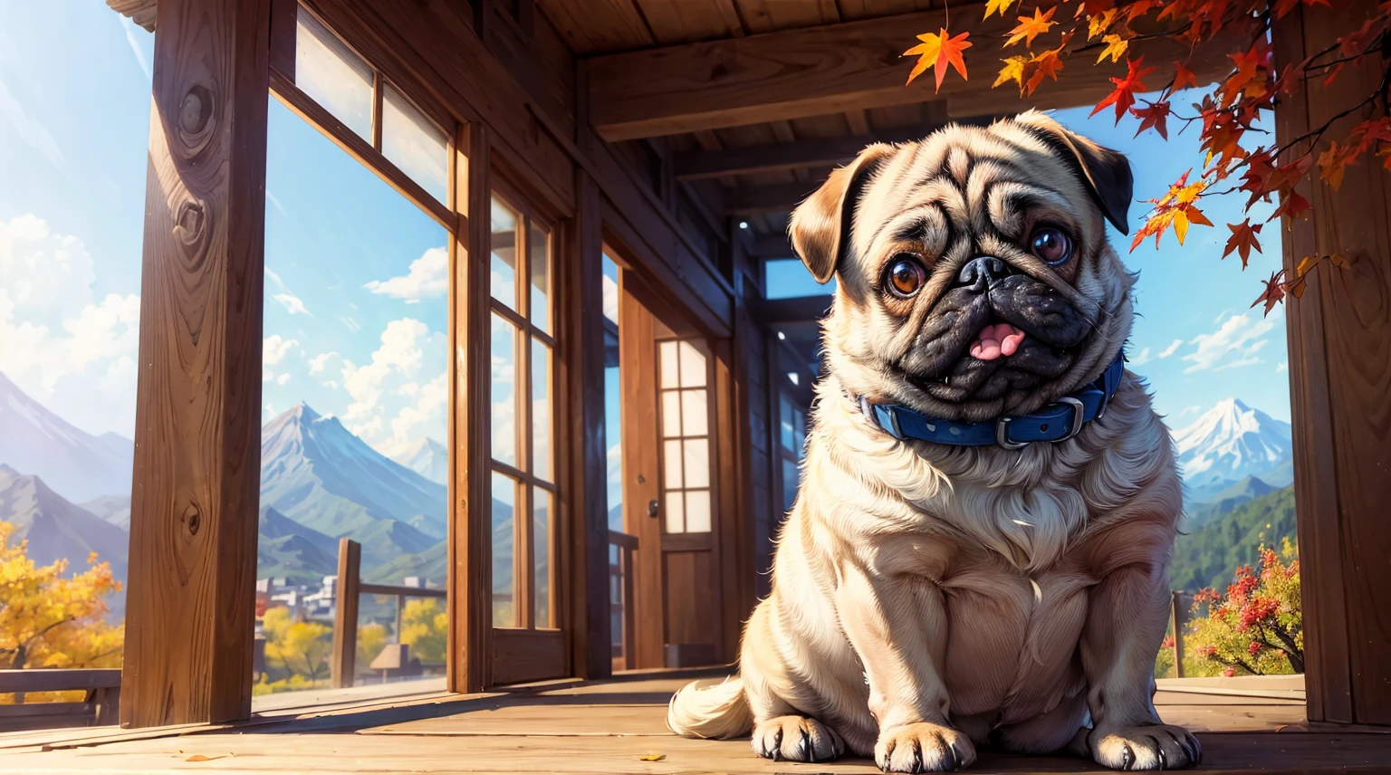 (top quality picture,masterpiece level,high-level image quality),Super cute pug(Pug dog with good face and body,beautiful hair quality)、Mt. Momiji,Colored leaves,