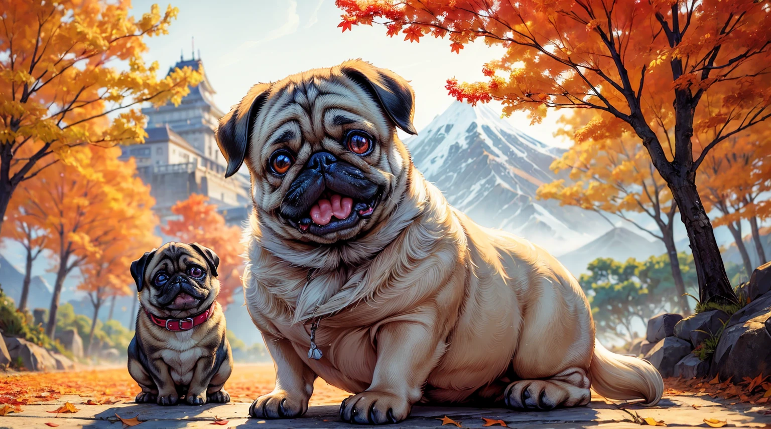(top quality picture,masterpiece level,high-level image quality),Super cute pug(Pug dog with good face and body,beautiful hair quality)、Mt. Momiji,Colored leaves,