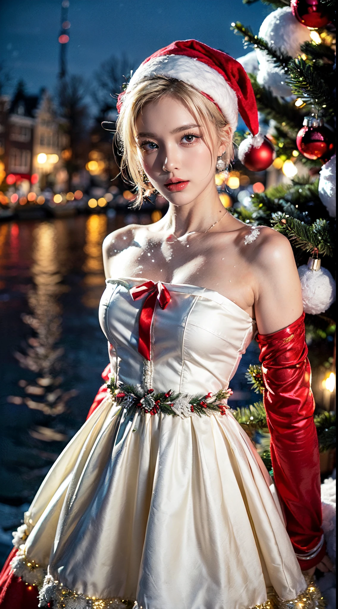 (Ultra-detailed eyes), (((textile shading))), (((Best Quality))), (((masutepiece))), (((Ultra-detailed CG))), sassy girl, (((magical ))), (Petite), (tiny chest), blonde hair, blonde hair, blonde hair, pin up emo, ((short hair, gorgeous hair)), Pink eyes, (((christmas Dress, red and white christmas Dresses, y2k Christmas outfit))), ((striking a pose)), (((Game CG)) (gorgeous, sassy, it girl), fancy jewelry, sparkling sky, Amsterdam Light Festival is full of snow, christmas vibe, snow fall, snowman, light christmas, christmas tree, strong Amsterdam Light Festival atmosphere, cowboy shot, midshot, centered image, eye on camera, night