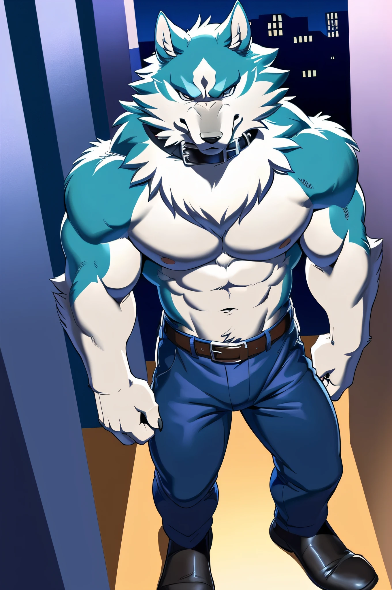 shirou ogami, posing for the camera, 4k, high resolution, best quality, posted on e621, solo, anthro body, male, adult, masculine, (muscular, athletic build, pectorals:1.0), correct anatomy, (night city background), (by takemoto arashi, by meesh, by negger:1.0), (collar, belt, pants:1.1), (detailed eyes:1.2), (cel shaded:1.2), cartoony shading, (watercolors:1.1), strong shadows, confident, (half-body shot:1.2), (looking at viewer:1.1),