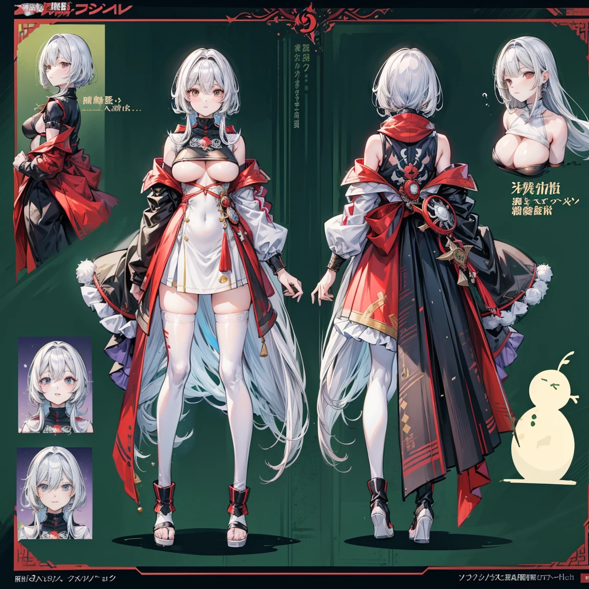 (Piece masuter,Best Quality,Ultra-detailed), (Character Sheet:1.2),full - body，1girl, Shirt，windproof boots，standing pose，HighestQuali,4k, Detailed Genshin graphics，anime character design，anime concept art，pretty anime character design，anime character reference sheet，[Character design]，4k，Detailed, super detaill, SolidBackground, higly detailed, 4k,Dagger Decoration,The same character, absurdress,Full of Details, ((Character design sheet,same character,front,side,backboob)),illustartion, big weapon, Cyborg, baggy clothes, Supreme， Insulated jacket &quot;Snowman&quot;，white hair，white eyes，Standing on your feet，Detailed Genshin graphics，anime character design，anime concept art，pretty anime character design，anime character reference sheet，[Character design]，christmas