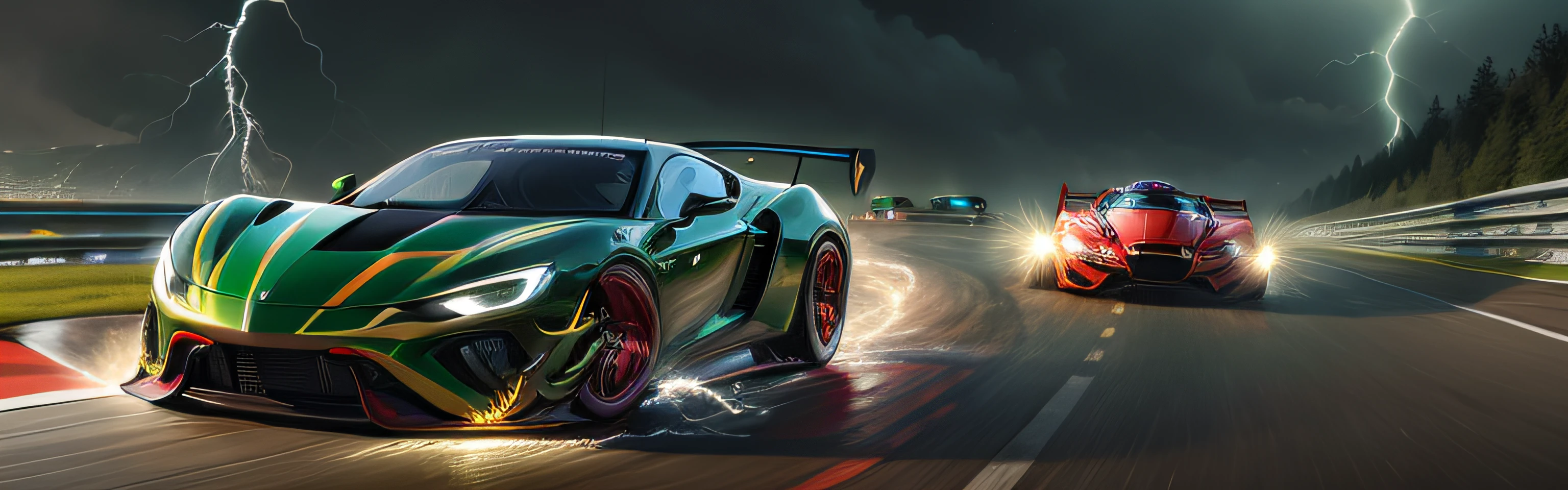 masterpiece, absurdres, extremely detailed,  madeoflightningai, sports car, racing past, in motion, (lightning), magical, (red lightning), (green lightning), night, volumetric lighting,