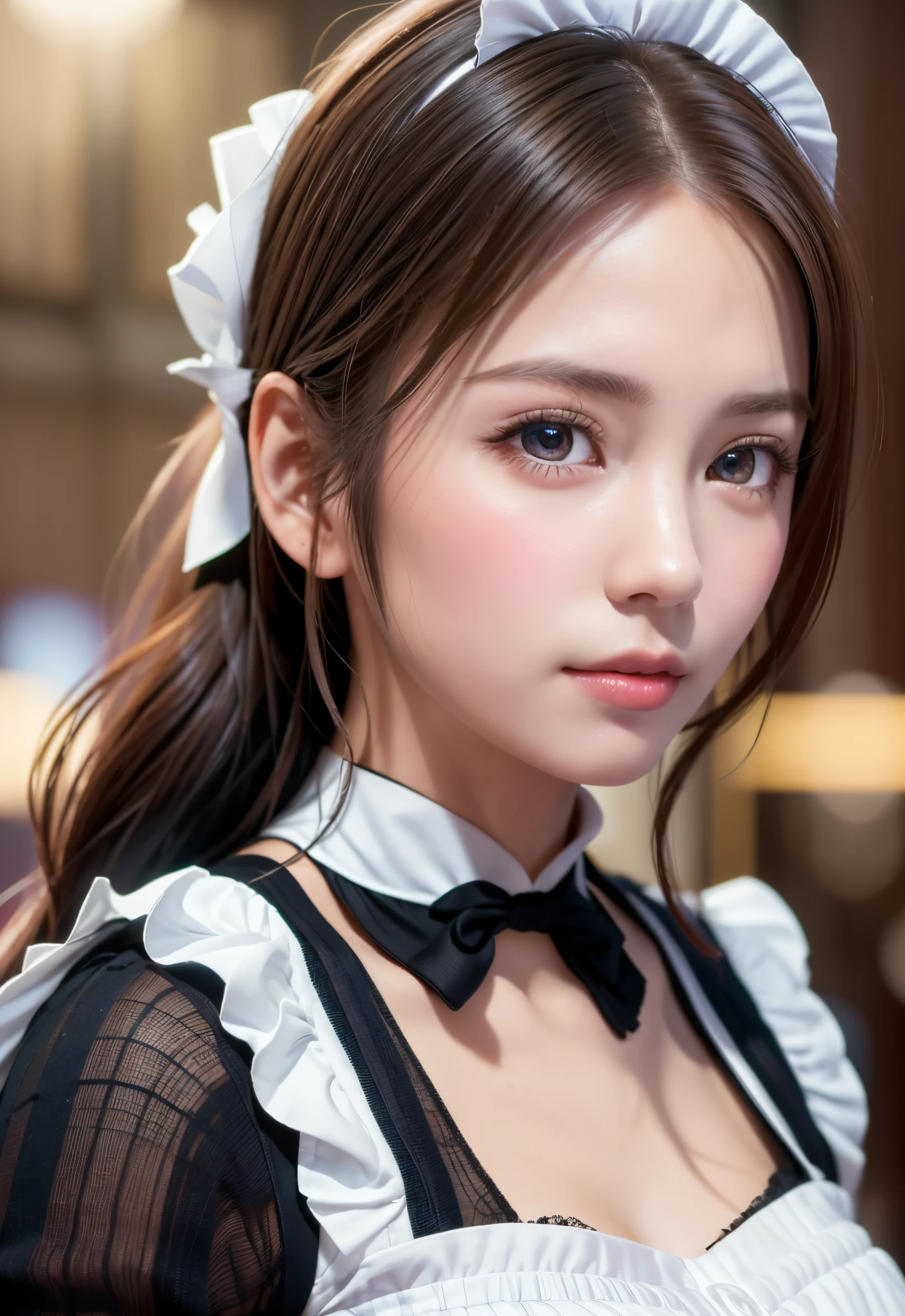 8K, of the highest quality, masutepiece:1.2), (Realistic, Photorealsitic:1.37), of the highest quality, masutepiece, Beautiful young woman, Pensive expression,、A charming、and an inviting look, Cute Maid Clothes, Hair tied back, Cinematic background, Light skin tone