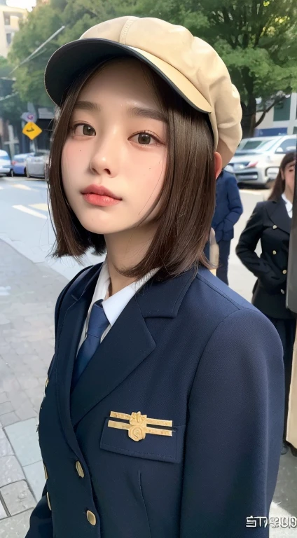 ((Best Quality, 8K, Masterpiece: 1.3)), (Uniform: 1.5), (Newsboy Hat: 1.3), Focus: 1.2, Perfect Body Beauty: 1.4, Buttocks: 1.2, (Layered Haircut: 1.2)), , (Street: 1.3), Highly detailed face and skin texture, Full body, delicate eyes, Double eyelids, whitening skin, long hair, (round face: 1.5),