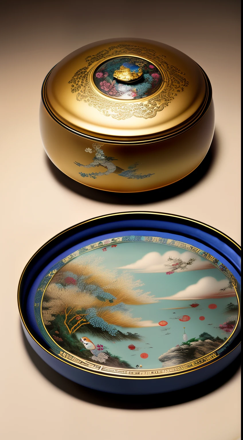 tmasterpiece,Best quality at best,A transparent and delicate round tea can contains a miniature wonderful world of luminous landscapes, flowers and birds.,Reflecting China’s tea culture,Zen Buddhism,tea ceremony,The lid of the tea can has exquisite gold edging and jade embellishments,The bottom of the tea can is decorated with auspicious clouds,The tea can is placed on a delicate tray,imagination beyond nature,The artistic conception combining fantasy and reality,stunning art,Zen Buddhism,tea ceremony,Cloudy feeling,hd render,ultra-realistic realism,Commercial shooting,Advertising style,Frontal ultra-wide-angle panoramic shooting,Center composition,Don't expose the table,A little bit of reflection,Movie HD texture,epic illumination,The center of the bottle glows,Don't show up characters