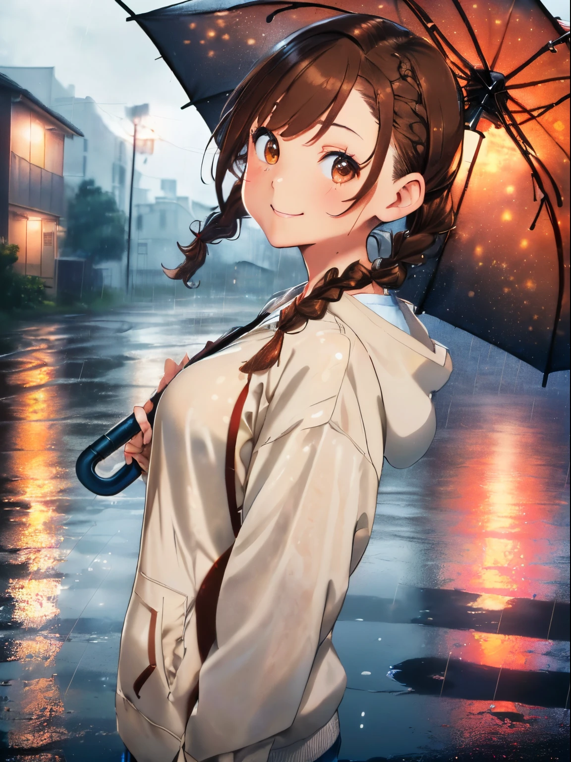 ((Brown hair)),((Braided shorthair)),(With bangs),((Pigtails)),((Brown eyes)),Slight red tide,((Rainy night sky)),((hold out your umbrella and smile)),(White Long Sleeve Hoodie),((denim pant),((view from the side)),(close up of face),((Holding out an umbrella to the side.)),