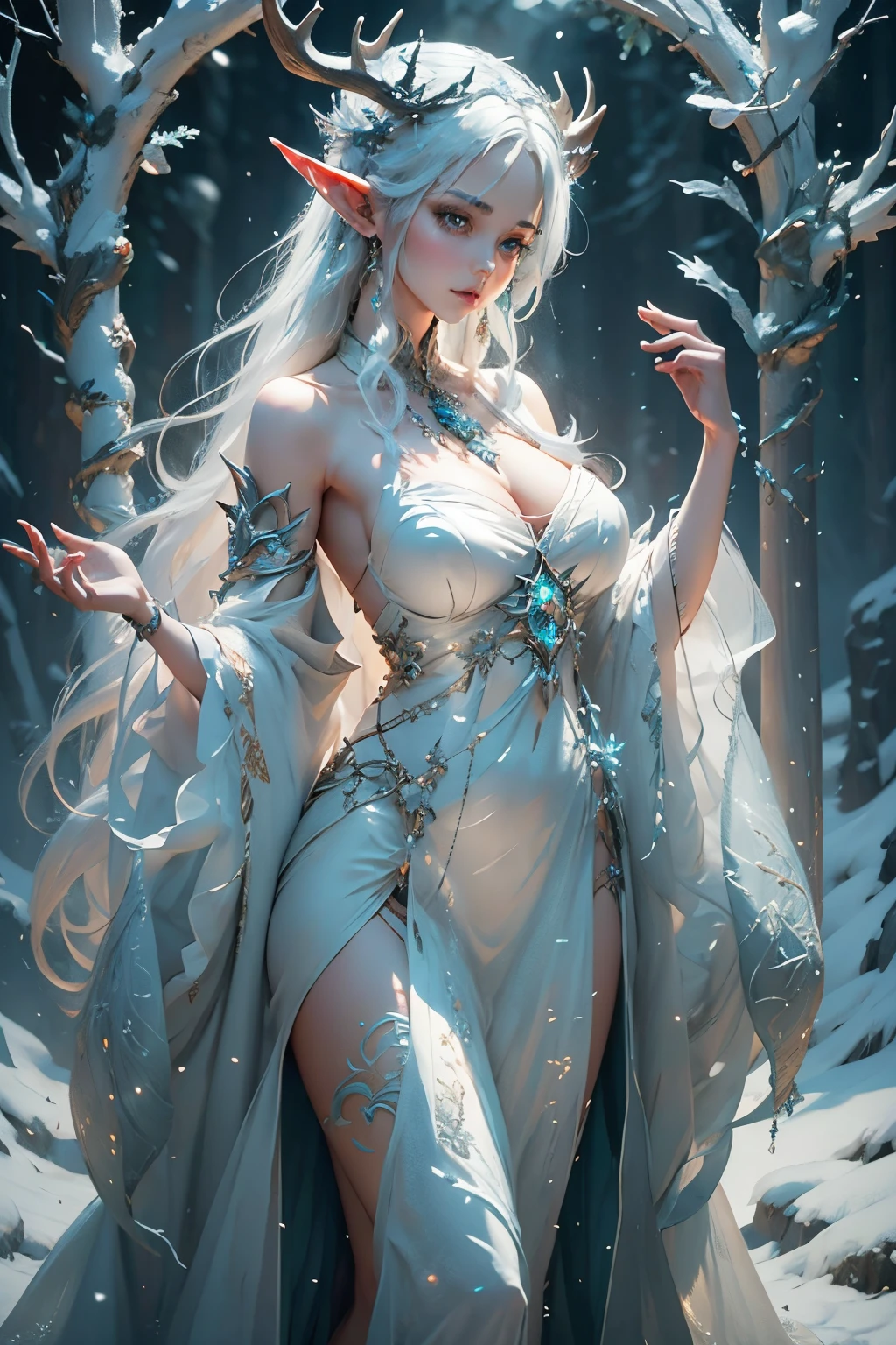 Beautiful alluring female snow elf, Pale Glowing Skin, silver crown with antlers, crown with deer horns, blue Lips, white fur cape, ornate clothes, silver jewellry, Bare Skin, Athletic Well Toned Body, Elegant Form, On An Altar at a snowy forest, Godrays, Gothic Theme, fiarytale theme, Beautiful D&D Character Portrait, Fiverr Dnd Character, Octane Render, Digital Art, Extreme Detail, 4k, Ultra Hd, Polished, Beautiful, Hyperdetailed, Intricate, Elaborate, Meticulous, Photorealistic, Sharp Focus, Wlop, Character Design, Unreal Engine, 3d Rendered, Volumetric Lighting, Reflections, Glossy, Digital Illustration,Sensual Pose, Suggestive Pose, Full Body Shot, Lewd, anatomically correct 💖❤💕💋❣