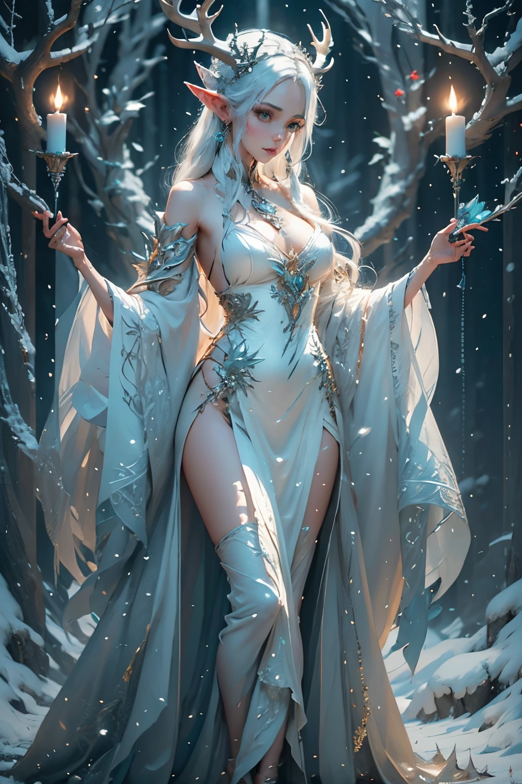 Beautiful alluring female snow elf, Pale Glowing Skin, silver crown with antlers, crown with deer horns, blue Lips, white fur cape, ornate clothes, silver jewellry, Bare Skin, Athletic Well Toned Body, Elegant Form, On An Altar at a snowy forest, Godrays, Gothic Theme, fiarytale theme, Beautiful D&D Character Portrait, Fiverr Dnd Character, Octane Render, Digital Art, Extreme Detail, 4k, Ultra Hd, Polished, Beautiful, Hyperdetailed, Intricate, Elaborate, Meticulous, Photorealistic, Sharp Focus, Wlop, Character Design, Unreal Engine, 3d Rendered, Volumetric Lighting, Reflections, Glossy, Digital Illustration,Sensual Pose, Suggestive Pose, Full Body Shot, Lewd, anatomically correct 💖❤💕💋❣