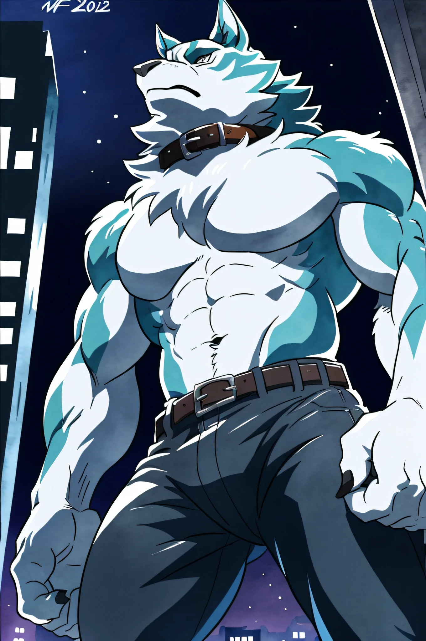 shirou_ogami, shirou_BNA, 4k, high resolution, best quality, posted on e621, solo, anthro body, male, adult, masculine, (muscular, athletic build, pectorals:1.0), correct anatomy, (night city background), (by wfa:1.2), (by negger:1.0), (collar, belt, pants:1.1), (detailed face, detailed eyes:1.1), (cel shaded:1.2), cartoony shading, (watercolors:1.1), strong shadows, confident, (half-body shot:1.2), darkness:1.2, dark shadows